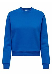 Felpa blu realizzata in tessuto morbido, con scollo rotondo, maniche lunghe e polsini e orlo a coste per una vestibilità aderente.