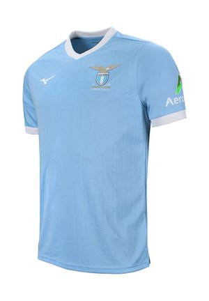 Hellblaues Fußballtrikot mit weißem Kragen und Bündchen, Lazio-Vereinsabzeichen auf der Brust, Mizuno-Logo rechts und Aeroca-Sponsor am linken Ärmel.