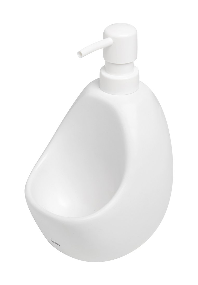 Distributore di sapone in plastica bianca con forma arrotondata, pump superiore e superficie liscia. Presenta un serbatoio curvo per la conservazione del sapone.