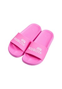 Pink rubber slides with a textured footbed, wide strap featuring embossed white "KUBOTA" logo, and rounded toe design.