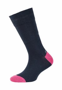 Navy socks with pink accents on the heel and toe. Ribbed top, smooth texture, mid-calf length, and logo detail on the side.