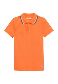 Pomarańczowa koszulka polo wykonana z bawełny, z trzema guzikami z przodu, krótkimi rękawami i kołnierzykiem w niebieskie paski. Miękka tekstura, regularny krój.