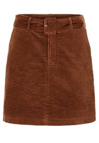 Bruine corduroy rok met een getailleerde taille, riemlussen en een rechte snit. Geweven stof met verticale ribbels en een ritssluiting aan de voorkant.