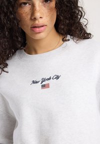 Persona joven con cabello rizado y pecas, vistiendo una sudadera gris clara con "New York City" y una pequeña bandera de EE. UU. bordada en ella.