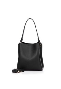 Czarna torebka skórzana z teksturą, z pojedynczym paskiem na ramię oraz odpinanym paskiem na ramię, umieszczona na przodzie, na białym tle.