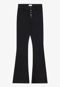 Svarte denim bukser med utsvingt bein og høy midje, og fem knapper i skjørtet. Har frontlommer og rene sømmer. Stoffet har en glatt tekstur.