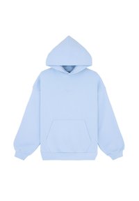 Felpa blu chiaro realizzata in un tessuto morbido, con una grande cappuccio, tasca a marsupio frontale e polsini a coste. Texture liscia, vestibilità comoda.