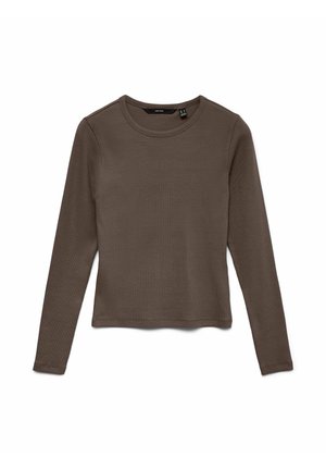Top z długim rękawem w ciemnobrązowym kolorze, z okrągłym dekoltem, prążkowaną fakturą i dopasowanym krojem. Prosty design bez widocznych wzorów czy akcentów.