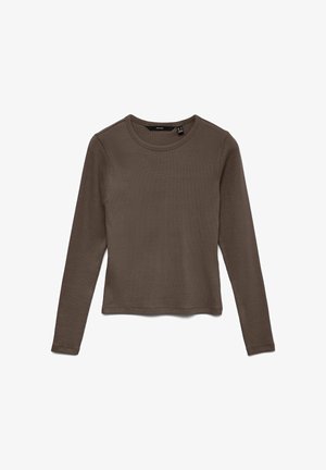 Langarmoberteil in Dunkelbraun mit rundem Ausschnitt, gerippter Textur und schmaler Passform. Einfaches Design ohne sichtbare Muster oder Akzente.