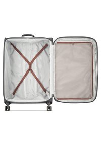 Dunkelgrauer Koffer mit Hartschale, Innenriemen zum Sichern von Gegenständen, einem Netz-Reißverschlussfach und leichtläufigen Rollen.