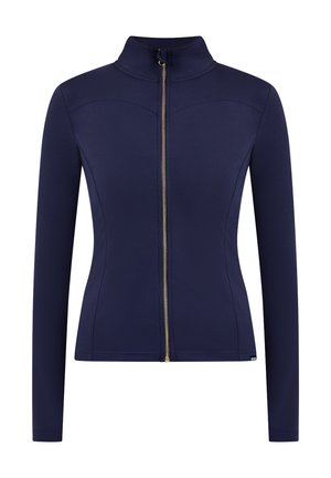 Marineblauw jasje met ritssluiting, gemaakt van gladde stof met een opstaande kraag en lange mouwen. Voorzien van een gouden ritssluiting en gebogen naaddetails.