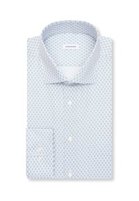 Chemise bleu clair à boutons avec un motif géométrique, confectionnée en tissu lisse. Elle présente un col classique et des manches longues avec des poignets.