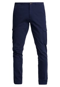 Marineblauwe cargobroek gemaakt van een katoenmix, met rechte pijpen, zijzakken, een knoopsluiting en riemlussen.