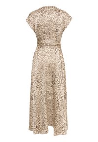 Midi šaty s krátkým rukávem z béžové látky s hnědým leopardím potiskem, s detailem v pase a splývavou sukní. Vhodné pro různé příležitosti.