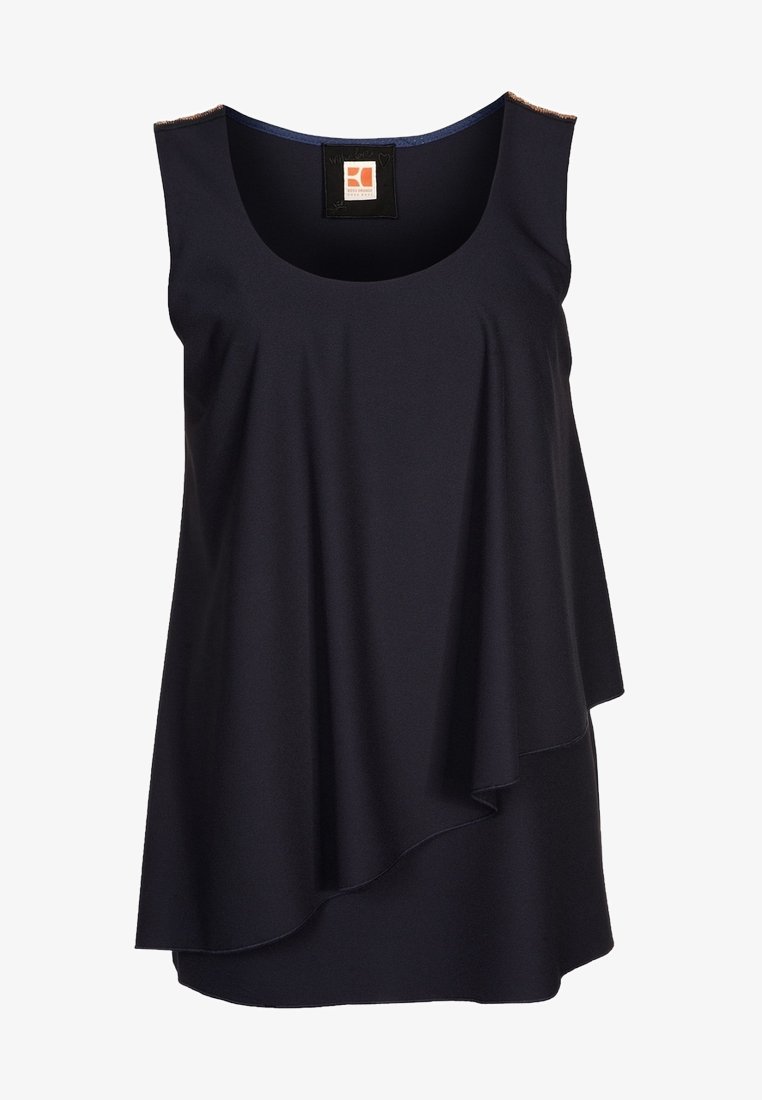 Débardeur noir sans manches avec couches, encolure dégagée et détail asymétrique drapé à l'avant.