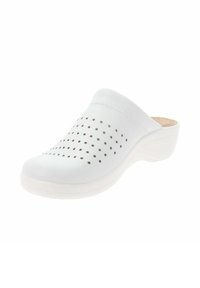 Zueco blanco hecho de material suave con agujeros de ventilación, forma curva y una suela ligera y acolchada para mayor comodidad.