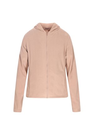 Felpa con zip di colore rosa chiaro realizzata in morbido materiale fleece, dotata di cappuccio, maniche lunghe e un design semplice senza ulteriori motivi o dettagli.