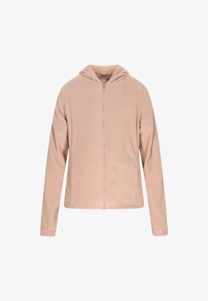 Hanorac cu fermoar de culoare roz deschis, fabricat dintr-un material fleece moale, are glugă, mâneci lungi și un design simplu, fără modele sau accente suplimentare.