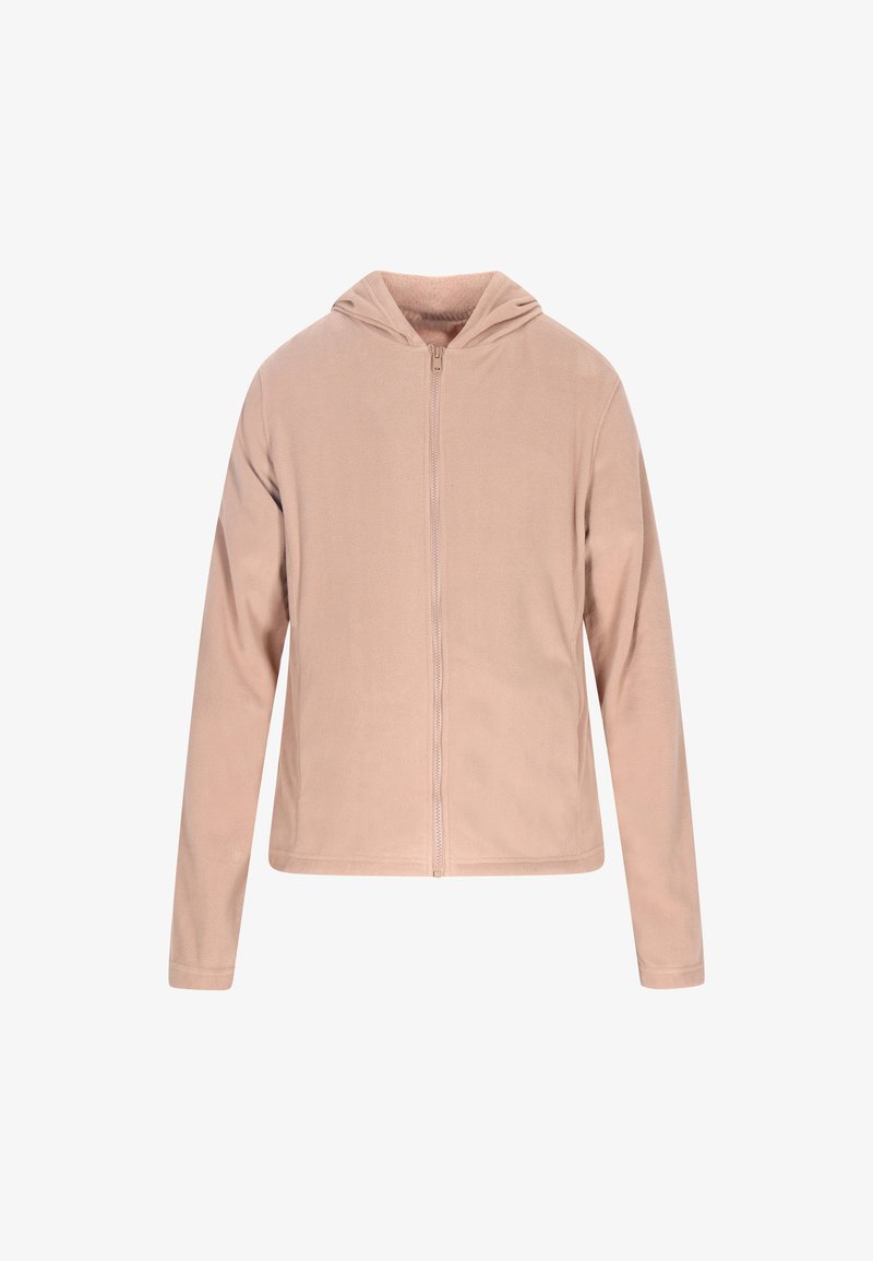 Jasnoróżowa bluza z zamkiem, wykonana z miękkiego materiału polarowego, posiada kaptur, długie rękawy oraz prosty design bez dodatkowych wzorów czy akcentów.