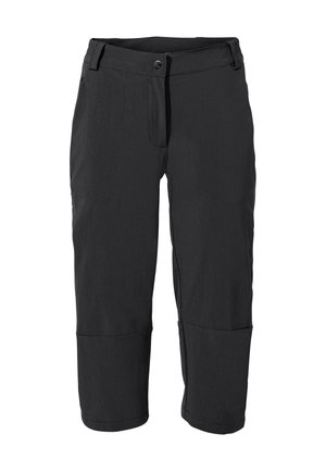 Zwarte, knielange broek gemaakt van lichtgewicht materiaal met een platte tailleband, een sluiting met rits aan de voorkant en taps toelopende broekspijpen.