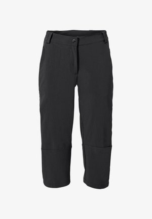 Schwarze, knielange Hosen aus leichtem Material mit flachem Bund, Reißverschluss vorne und schmal zulaufenden Beinabschlüssen.