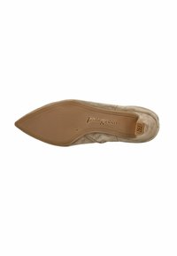 Suela de zapato de ante beige con forma puntiaguda. Presenta una suela de goma suave y marrón claro con el logotipo grabado "paul green".