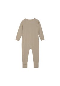 Beige långärmad body gjord av mjukt tyg. Har en rund halsringning och åtsittande muddar. Slät textur utan mönster.