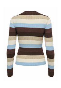 Haut en maille côtelée à manches longues avec des rayures horizontales dans des tons de marron, beige, crème et bleu clair, vu de dos.