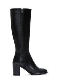 Bottes en cuir noires jusqu'au genou avec une fermeture éclair sur le côté, un talon carré, une texture lisse et une forme ajustée, conçues pour souligner la silhouette.