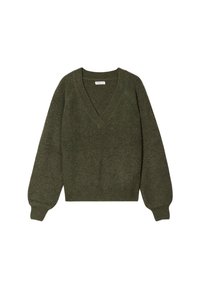 Pull vert à col en V avec une coupe décontractée, des manches longues et des poignets côtelés. Texture tricotée avec une légère variation dans l'épaisseur du fil.