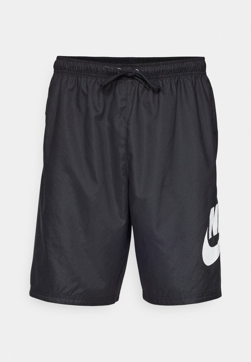 Schwarze Badehorts aus leichtem Material, ausgestattet mit einem elastischen Bund und Kordelzug sowie einem großen weißen Nike-Logo am linken Bein.