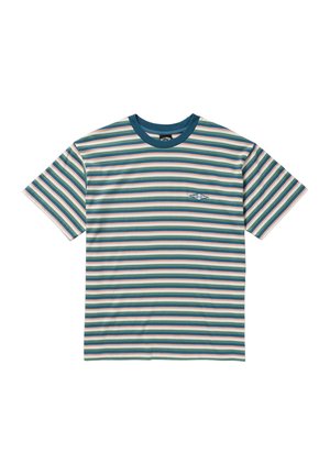 T-shirt a maniche corte a righe nei toni di verde, rosa e blu. Presenta un colletto girocollo e un piccolo logo sul petto. Realizzato in tessuto morbido.