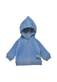 Light blue, quilted zip-up hoodie with a striped lining. Features a logo patch at the bottom and yellow accent stitching.