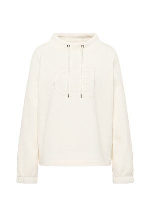 Flødefarvet sweatshirt med høj krave, justerbare snore og elastiske manchetter. Har et diskret præget logo på forsiden.