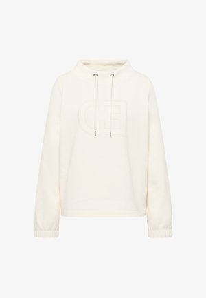 Crèmewitte sweatshirt met een hoge kraag, verstelbare trekkoorden en elastische manchetten. Voorzien van een subtiel reliëflogo aan de voorkant.