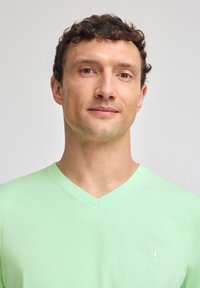 Ljusgrön V-ringad t-shirt i mjukt tyg med korta ärmar och en liten broderad logotyp på vänster bröst. Slät textur, avslappnad design.