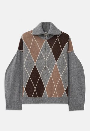 Grau kariertes Strickpullover mit braunen, beigen und cremefarbenen Rautenmuster. Verfügt über einen gerippten Kragen und Säume sowie einen Reißverschluss auf der Vorderseite.