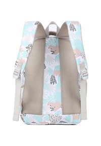 Zaino con motivi astratti multicolore in tonalità pastello. Caratterizzato da spallacci imbottiti e sezioni in rete traspirante. Materiale complessivamente morbido.