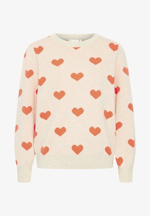 Knit sweater in light beige featuring orange heart patterns. Crew neck, long sleeves, ribbed cuffs and hem. Soft texture.