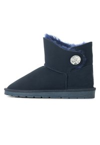 Marineblauwe enkellaarsjes van suede met een zachte bontvoering en een decoratieve knop. Heeft een gestructureerde vorm en een rubberen zool.