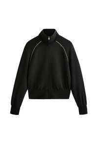 Giacca nera con zip e colletto alto, caratterizzata da piping bianco lungo le spalle e polsini elasticizzati. Realizzata in un materiale morbido e testurizzato.