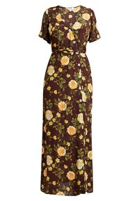 Robe maxi florale en tissu marron avec des roses jaunes et des feuilles vertes. Elle est dotée de manches courtes, d'un col rond et de boutons sur le devant.