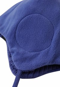 Fleece ear warmer in deep blue with a smooth texture, featuring circular padded areas and adjustable tie for secure fit.