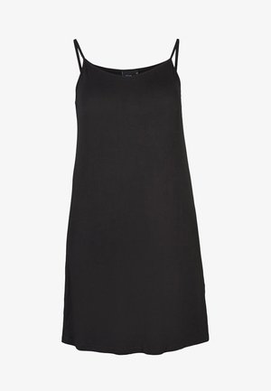 Black sleeveless dress with thin straps, made of soft fabric. Features a simple straight cut, smooth texture, and knee-length design.