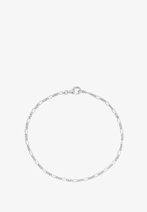 Silberne Kettenarmband mit länglichen Gliedern und einem Karabinerverschluss. Glatte Textur mit abwechselnd kleinen kreisförmigen Akzenten.