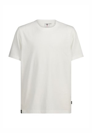 T-shirt en coton blanc avec col rond, manches courtes et coupe droite. Présente une petite étiquette de marque à l'ourlet. Texture lisse.