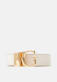 White leather belt featuring a gold-tone buckle with a prominent 'G' logo, flat design, and stitching along the edges.
