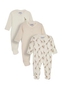Tre tutine per neonati: una color crema uniforme, una a righe crema e una con un motivo di giraffe ripetuto, tutte con bottoni a pressione e tessuto morbido.