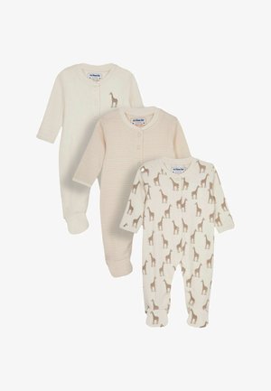 Tre tutine per neonati: una color crema uniforme, una a righe crema e una con un motivo di giraffe ripetuto, tutte con bottoni a pressione e tessuto morbido.