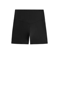 Zwarte high-waisted sportshorts met een V-vormig naaddetail aan de voorkant en een aansluitende, rekbare stof.